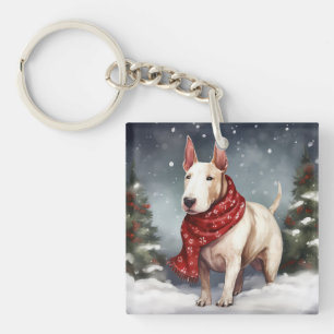 Bull Terrier Dog in Snow Christmas  Keychain
