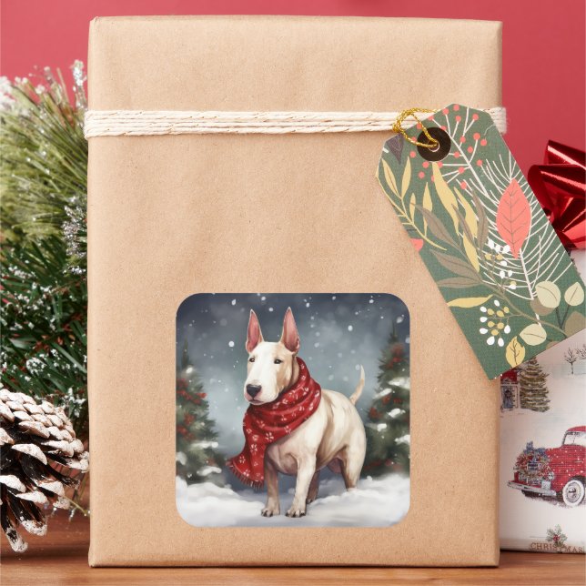 Bull Terrier Dog in Snow Christmas  Square Sticker (Holiday)