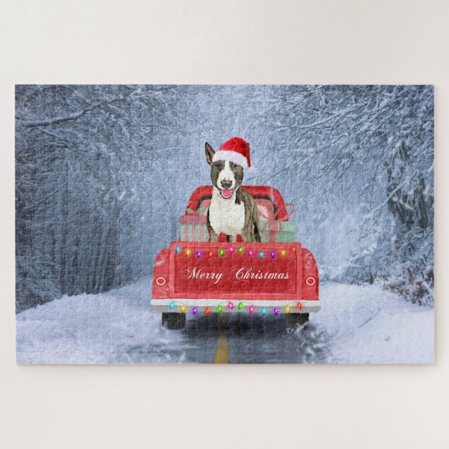 Bull Terrier Dog in Snow sitting in Christmas  Jigsaw Puzzle (Horizontal)