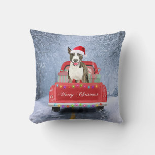 Bull Terrier Dog in Snow sitting in Christmas  Throw Pillow