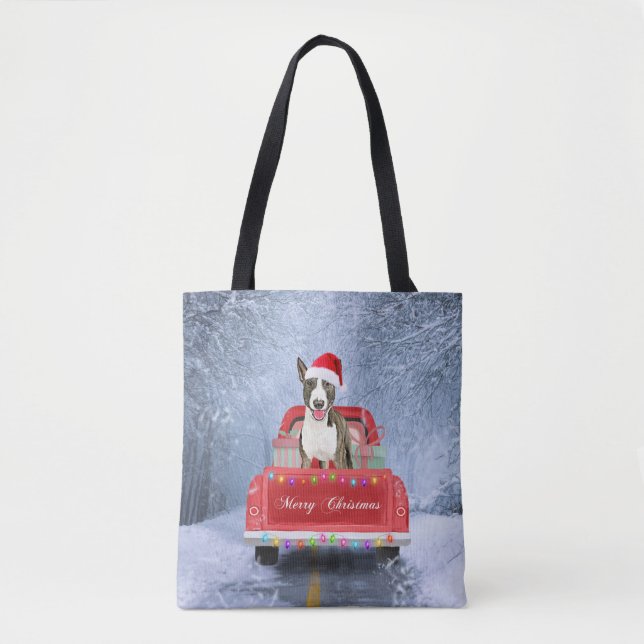 Bull Terrier Dog in Snow sitting in Christmas  Tote Bag (Front)