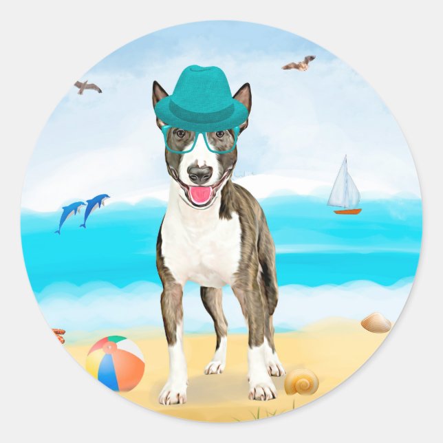 Bull Terrier Dog on Beach Classic Round Sticker (Front)