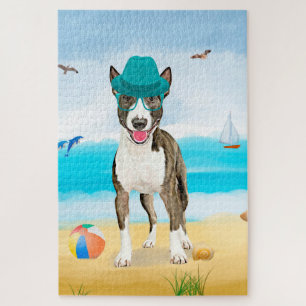 Bull Terrier Dog on Beach Jigsaw Puzzle