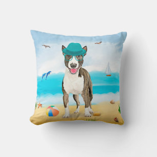 Bull Terrier Dog on Beach Throw Pillow