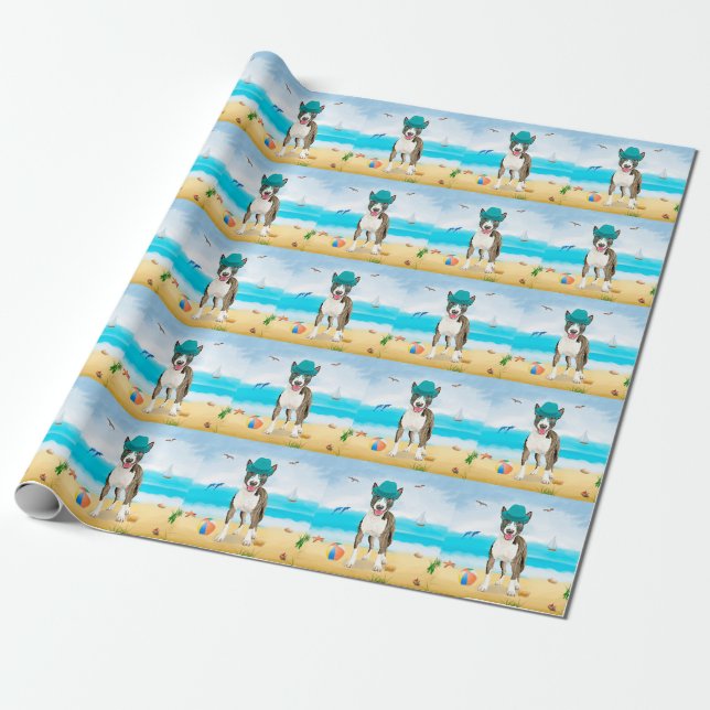 Bull Terrier Dog on Beach Wrapping Paper (Unrolled)