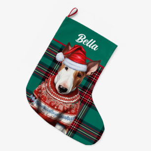 Bull Terrier Dog Red and Green Plaid Personalized Large Christmas Stocking