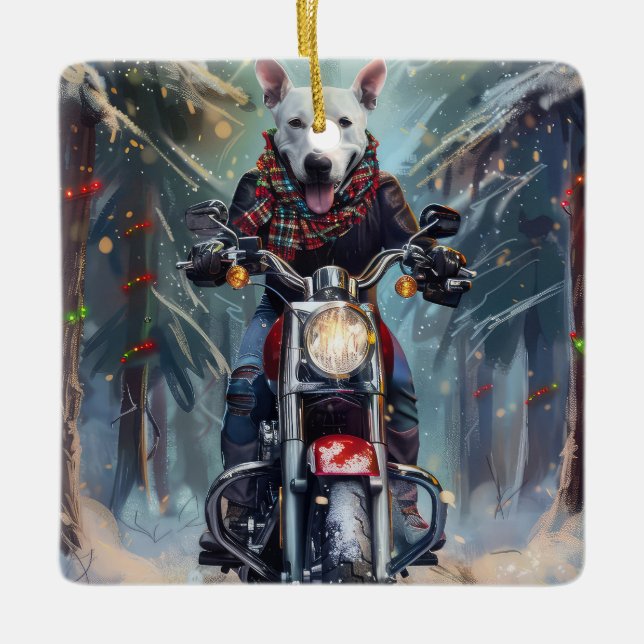 Bull Terrier Dog Riding Motorcycle Christmas Ceramic Ornament (Front)