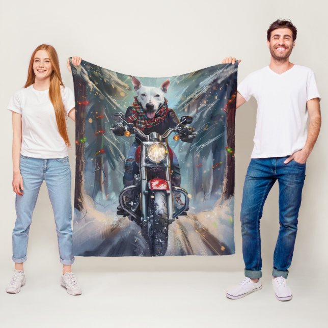 Bull Terrier Dog Riding Motorcycle Christmas Fleece Blanket (In Situ)