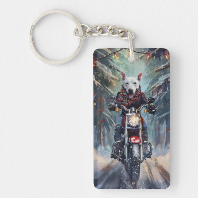 Bull Terrier Dog Riding Motorcycle Christmas Keychain (Front)