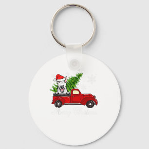 Bull Terrier Dog Riding Red Truck Christmas Decor Keychain