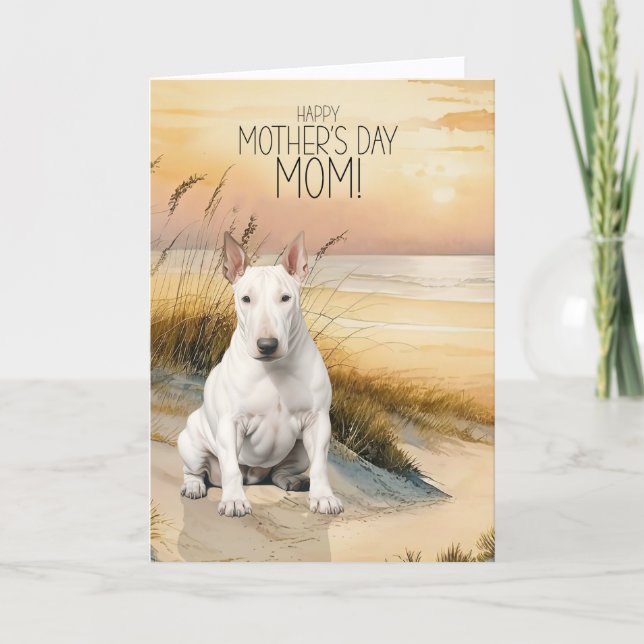 Bull Terrier Dog Sunset Beach Mother's Day Holiday Card (Front)