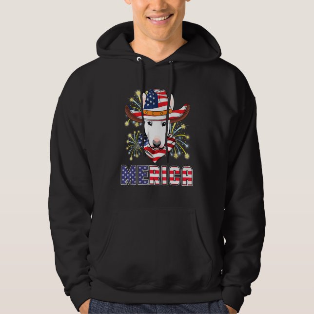 Bull Terrier Dog Us Flag Hat Fireworks Merica 4th  Hoodie (Front)