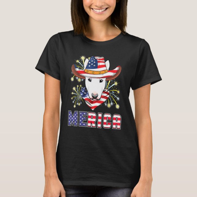 Bull Terrier Dog Us Flag Hat Fireworks Merica 4th  T-Shirt (Front)