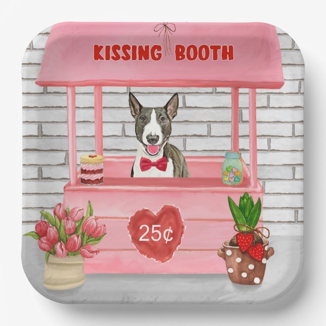 Bull Terrier Dog Valentine's Day Kissing Booth Paper Plate (Front)