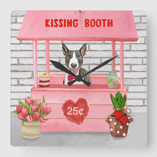Bull Terrier Dog Valentine's Day Kissing Booth Square Wall Clock (Front)
