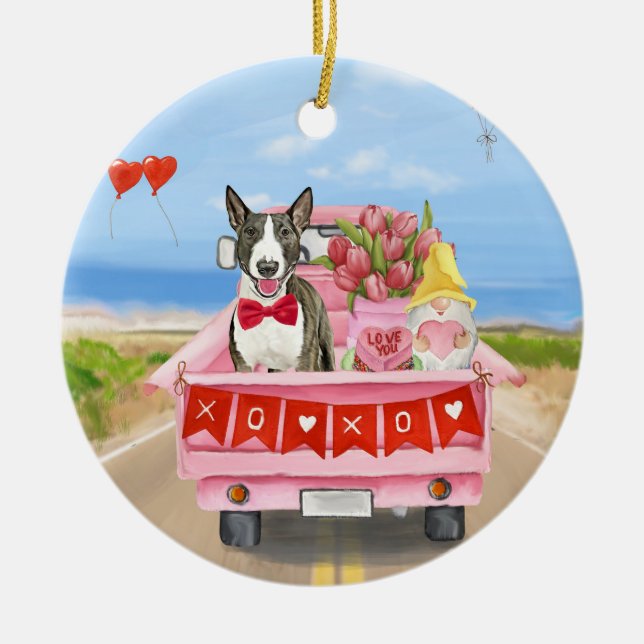 Bull Terrier Dog Valentine's Day Truck Hearts  Ceramic Ornament (Front)
