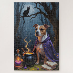 Bull Terrier Dog Whimsical Halloween Painting Jigsaw Puzzle