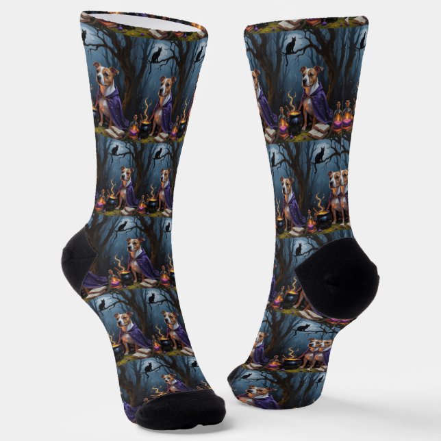 Bull Terrier Dog Whimsical Halloween Painting Socks (Angled)