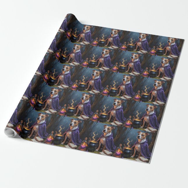 Bull Terrier Dog Whimsical Halloween Painting Wrapping Paper (Unrolled)