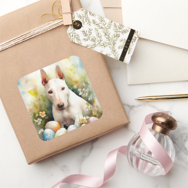 Bull Terrier Dog with Easter Eggs Holiday Square Sticker (Gifting)
