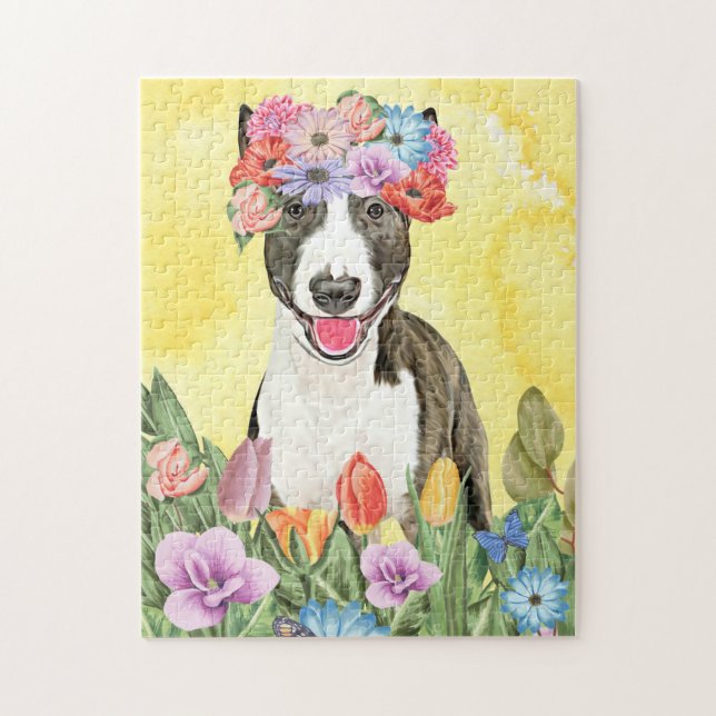 Bull Terrier Dog with Flowers Spring Jigsaw Puzzle (Vertical)