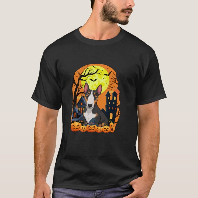 Bull Terrier Dog With Pumpkins Funny Scary Hallowe T-Shirt (Front)