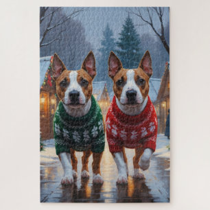 Bull Terrier Dogs Christmas Snow Holiday Jigsaw Puzzle