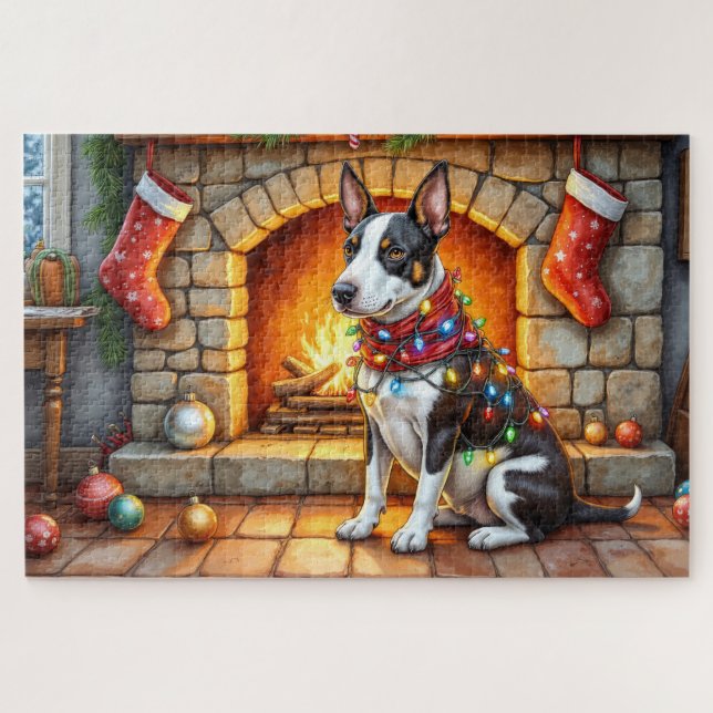 Bull Terrier Fireplace with Christmas Lights Jigsaw Puzzle (Horizontal)
