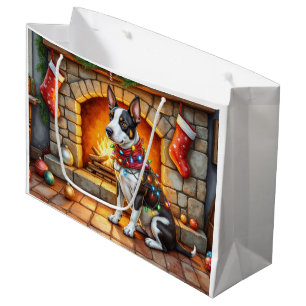 Bull Terrier Fireplace with Christmas Lights Large Gift Bag