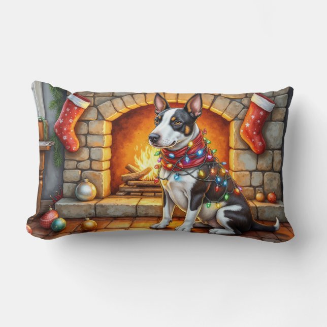 Bull Terrier Fireplace with Christmas Lights Lumbar Pillow (Front)