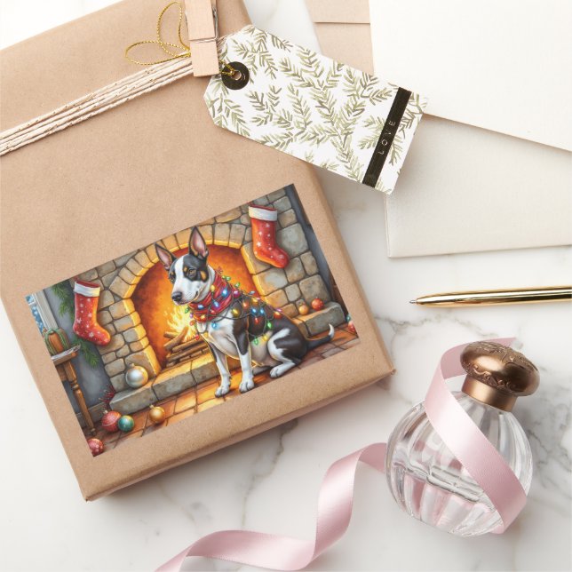 Bull Terrier Fireplace with Christmas Lights Sticker (Gifting)