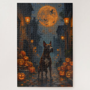 Bull Terrier Gothic Alley Halloween Artwork Jigsaw Puzzle