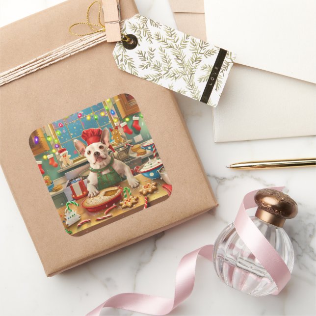 Bull Terrier Holiday Baking: Festive Christmas Square Sticker (Gifting)