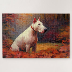 Bull Terrier in Autumn Leaves Fall Inspire  Jigsaw Puzzle