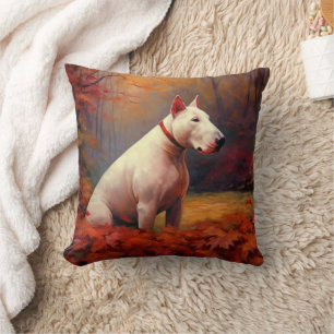 Bull Terrier in Autumn Leaves Fall Inspire  Throw Pillow