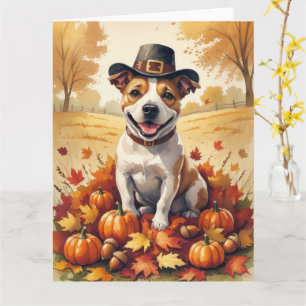 Bull Terrier In Autumn Leaves Thanksgiving Art Card