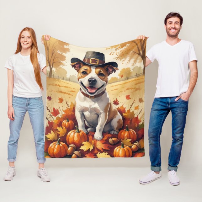 Bull Terrier In Autumn Leaves Thanksgiving Art Fleece Blanket (In Situ)