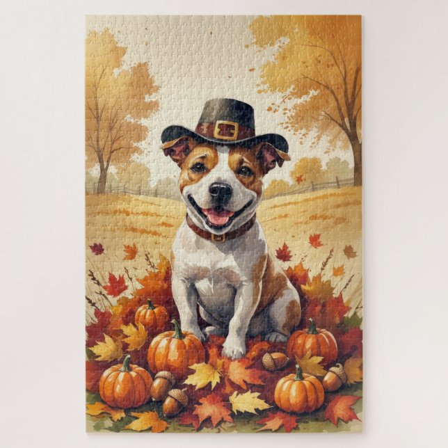 Bull Terrier In Autumn Leaves Thanksgiving Art Jigsaw Puzzle (Vertical)
