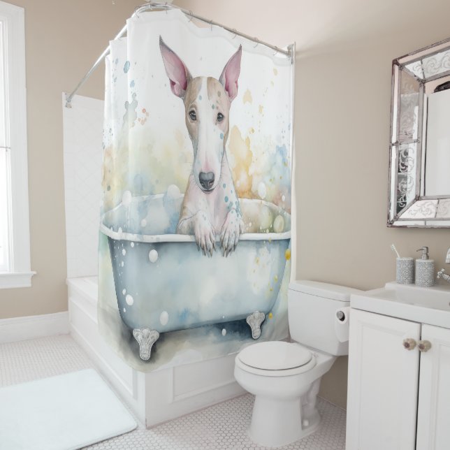 Bull Terrier In Bathtub Watercolor Dog Art (In Situ)