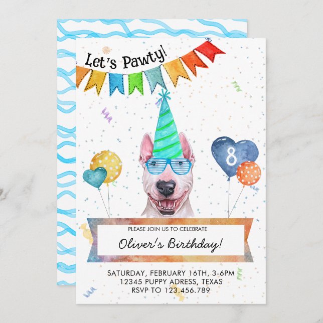 Bull Terrier Lets Pawty Dog Birthday Party Invitation (Front/Back)