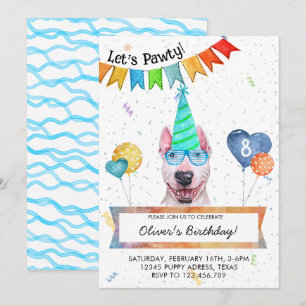 Bull Terrier Lets Pawty Dog Birthday Party Invitation