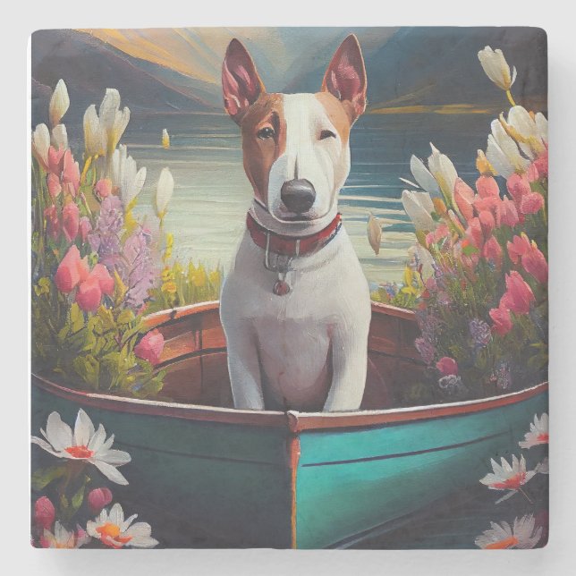 Bull Terrier on a Paddle: A Scenic Adventure Stone Coaster (Front)