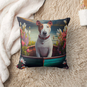 Bull Terrier on a Paddle: A Scenic Adventure Throw Pillow