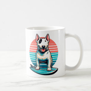 Bull terrier on a surf board 80s retro style coffee mug