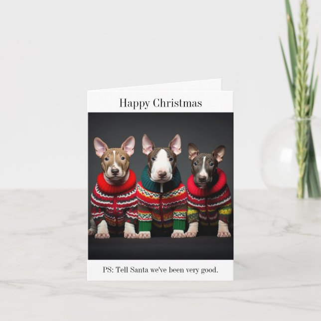 Bull Terrier Puppies in Christmas Sweaters Card (Front)