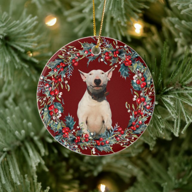 Bull Terrier Puppy 1st Christmas  Xmas wreath red Ceramic Ornament (Tree)