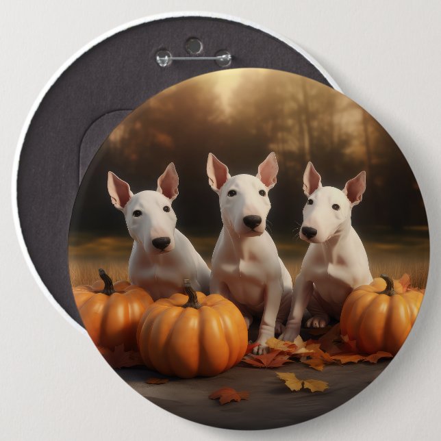 Bull Terrier Puppy Autumn Delight Pumpkin 6 Inch Round Button (Front & Back)