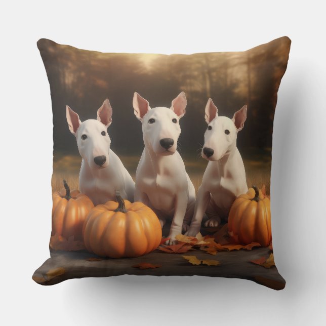 Bull Terrier Puppy Autumn Delight Pumpkin Throw Pillow (Front)