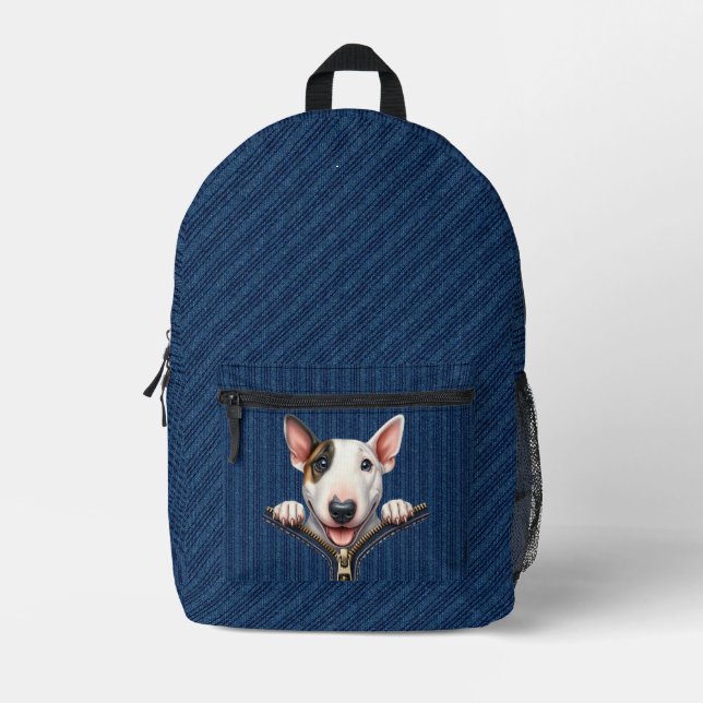 Bull Terrier Puppy Denim Cloth Printed Backpack (Front)