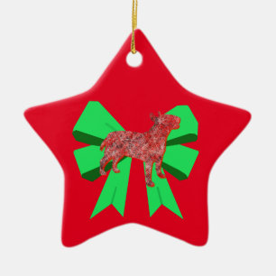 Bull Terrier Silhouette Dog & Green Bow Christmas Ceramic Ornament